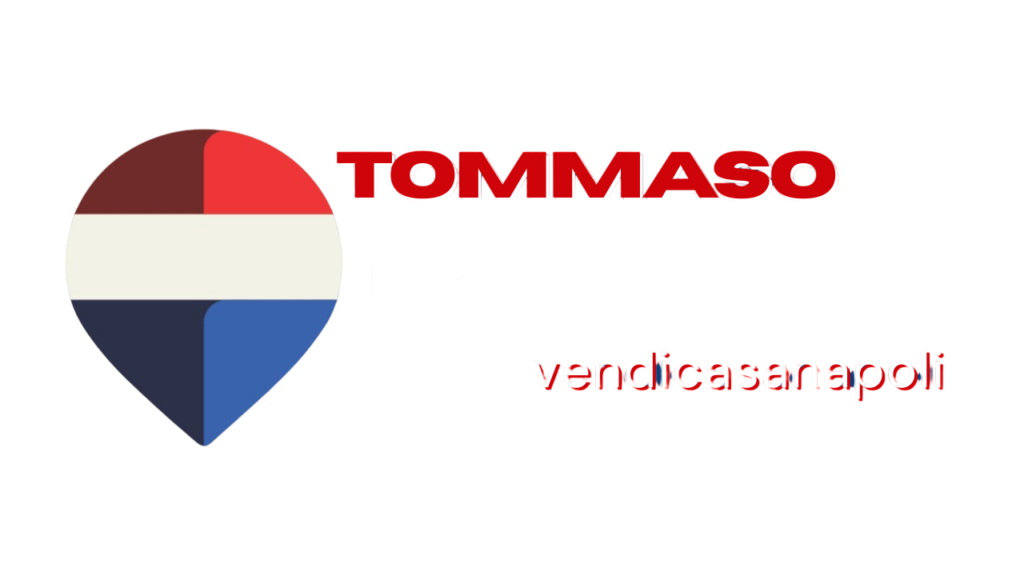 Logo “Tommaso De Angelis – vendicasanapoli” su sfondo nero, con icona a forma di pin posizione nei colori rosso, bianco e blu e lettering rosso e grigio